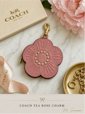 NEW Coach Tea Rose Bag Charm Peony Pink Leather Floral CDB15 NWT